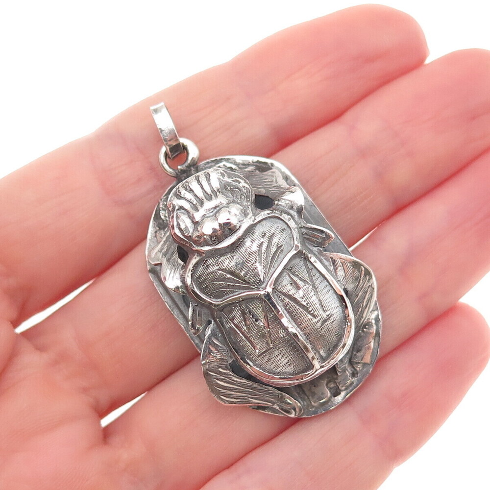 800 Silver Vintage Egyptian Scarab Oxidized 3D Charm Pendant